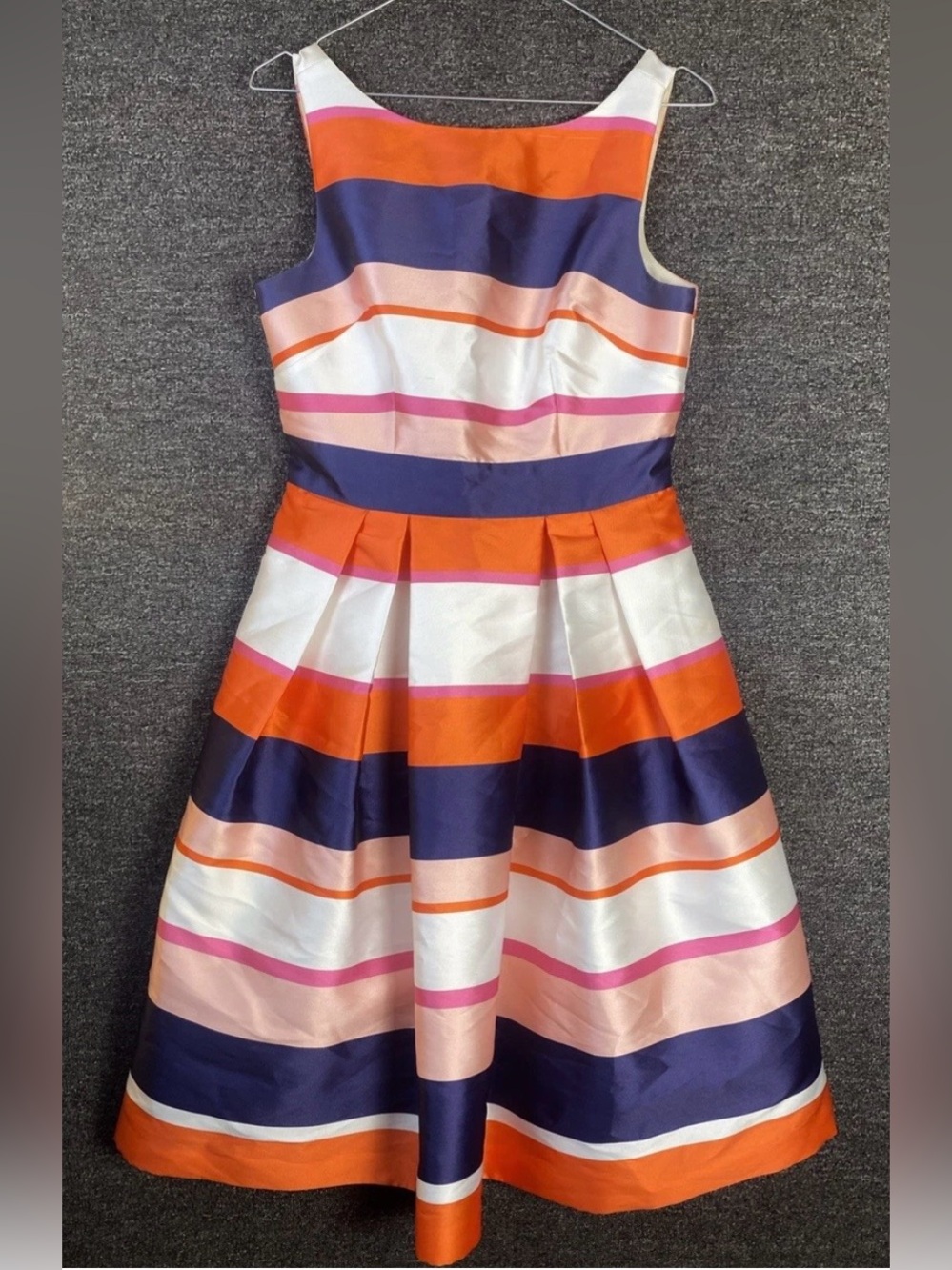 Eliza J Sleeveless Striped Satin Fit & Flare Dress in Navy, Coral, Pink & White - Picture 2 of 6